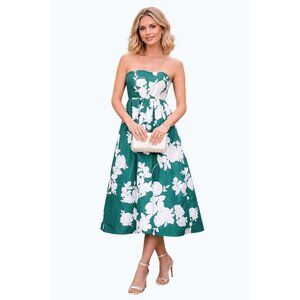 Cynthia Rowley Green & White Floral Strapless Midi Dress Elastic Smocked Back 14